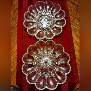 A pair of vintage glass deviled egg platter